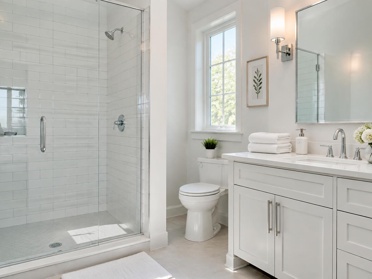 Spotless bathroom with glass shower and clean tile