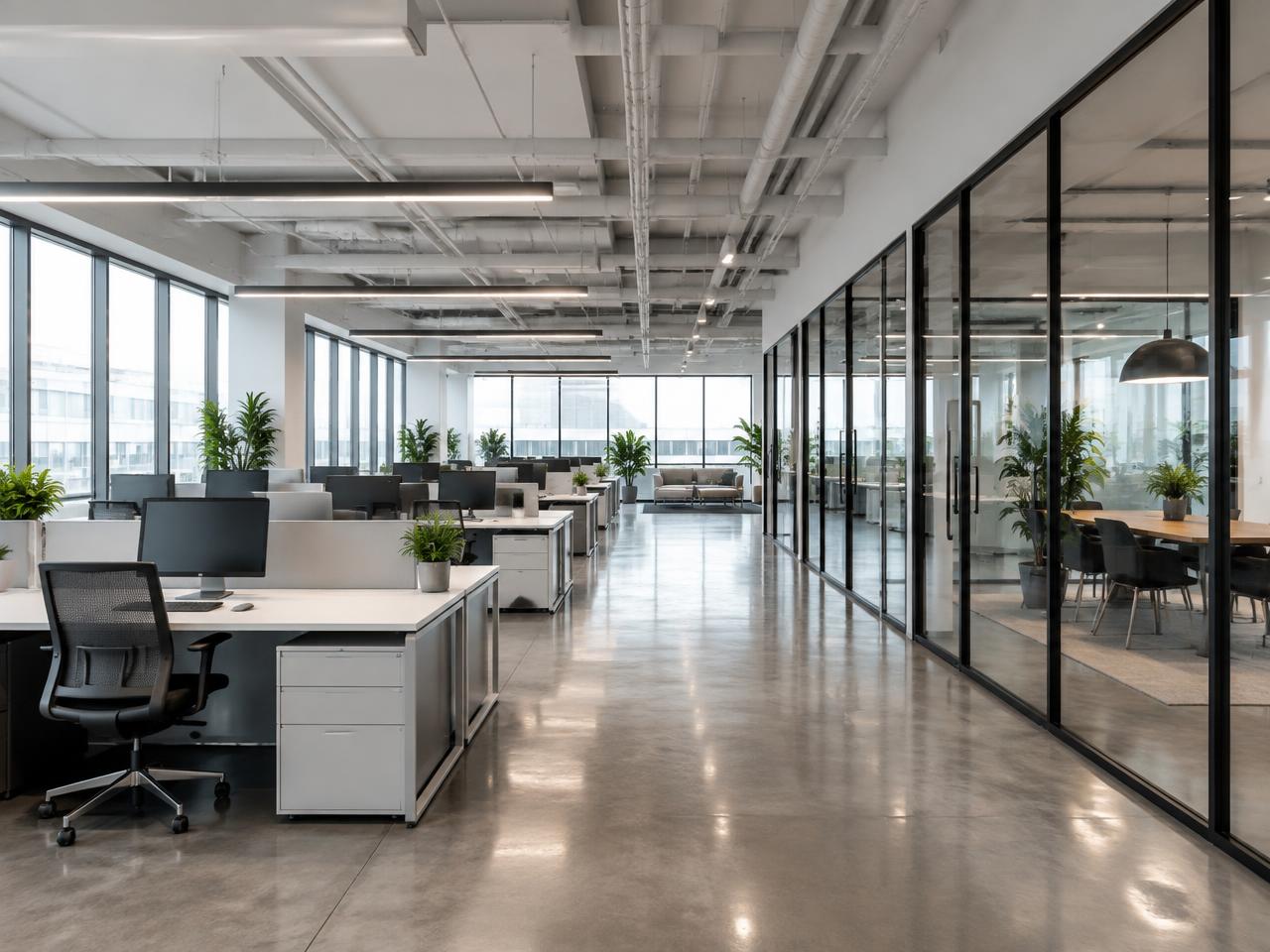 Clean, modern open-plan office with polished floors